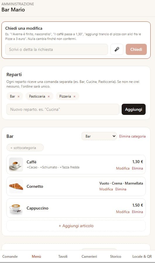 Gestione del menù, con l'assistente